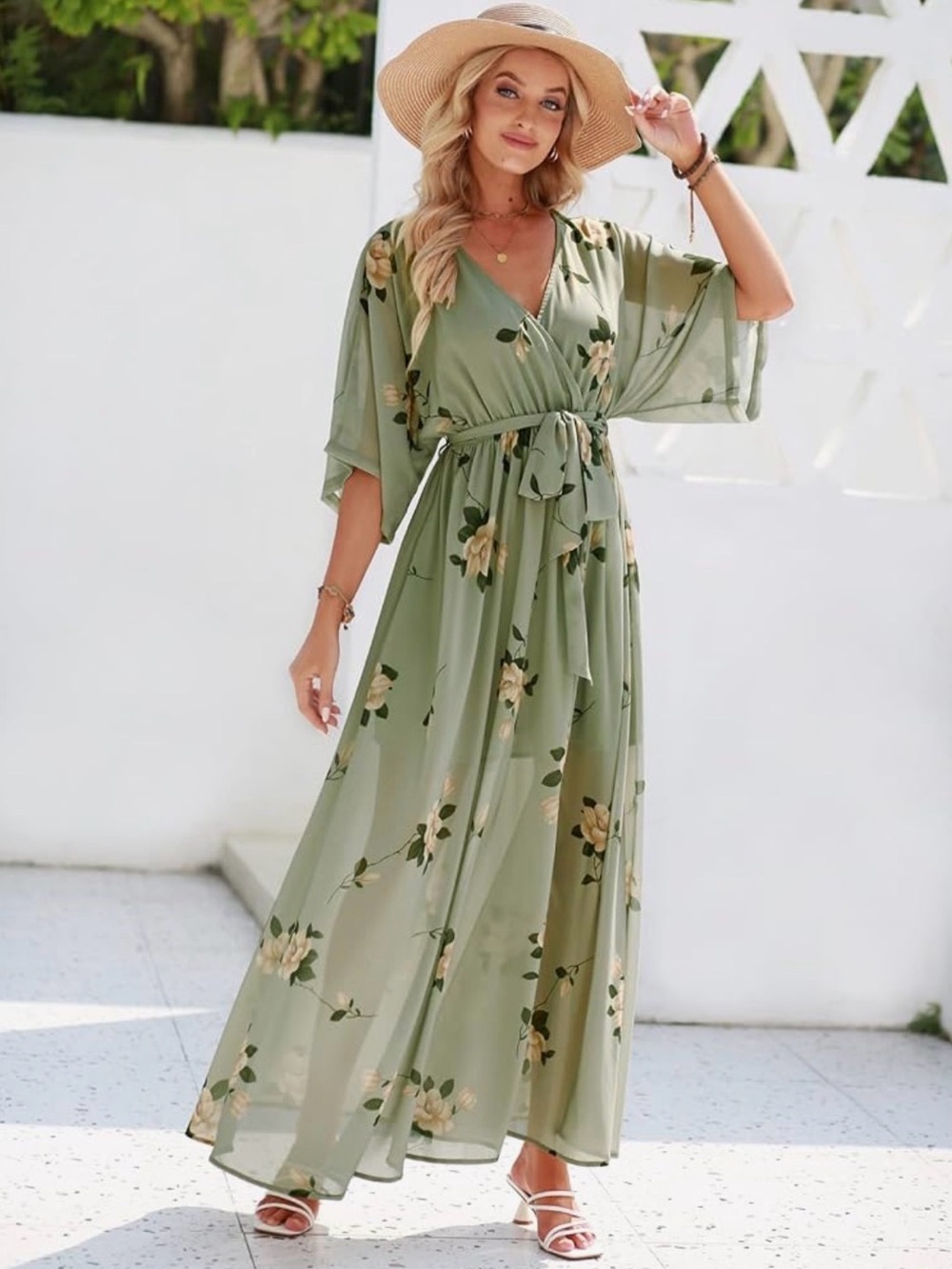 NWT Floral Sage Green Wrap Maxi Dress with Tie Belt, XL